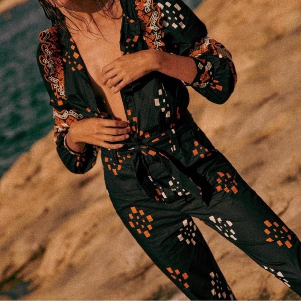 Sezane Black and Orange Patterned Jumpsuit